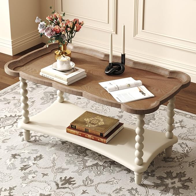 Function Home Farmhouse Coffee Table, 2-Tier Center Table with Storage Shelf, 39.8" French Country Rectangle Accent Table with Natural Tray Top and Spindle Legs for Living Room Balcony, Antique White