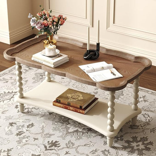 Function Home Farmhouse Coffee Table, 2-Tier Center Table with Storage Shelf, 39.8" French Country Rectangle Accent Table with Natural Tray Top and Spindle Legs for Living Room Balcony, Antique White
