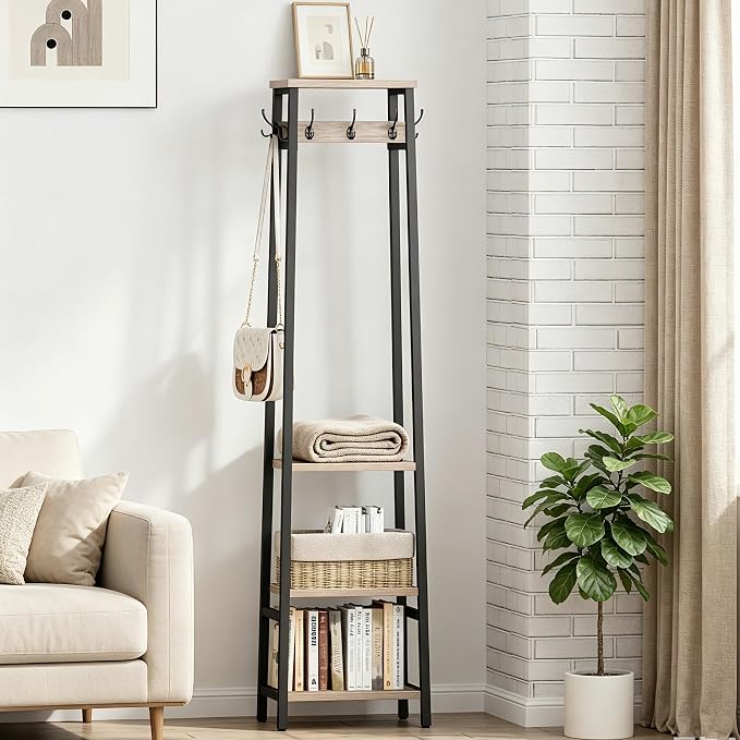 Coat Rack Freestanding, Coat Stand with 3 Shelves and 7 Hooks, Hall Tree Free Standing, Clothes Rack Stand Organizer, Industrial Style, Greige and Black