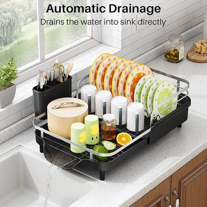 SAYZH Dish Drying Rack - Expandable Dish Rack for Kitchen Counter, Rust-Resistant Dish Drainer with Utensil Holder and Raised Guardrail, Kitchen Organizer for Cup and Bottle (Black)