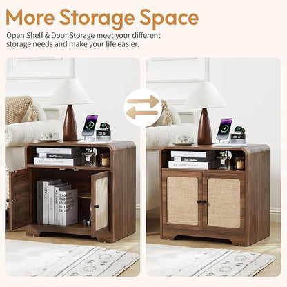 24" Large Side Table with Charging Station, Mid Century Modern End Table with USB/Type-C Ports, Curved Wood Nightstand with Storage & Natural Linen, Couch Side Table for Living Room Bedroom, Walnut