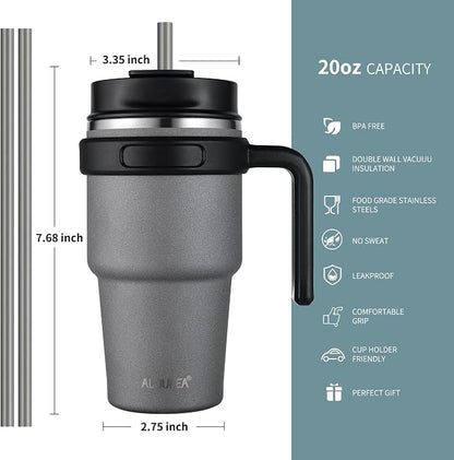 20 oz Insulated Coffee Mug Tumbler with Handle, Stainless Steel Travel Mug Tumbler with Lid and Straw, Double Wall Vacuum Leak Proof Ice Coffee Thermal Cup, Gray