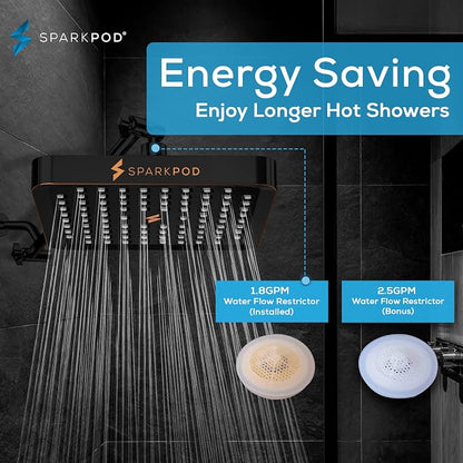 SparkPod Rain Shower Head, 6 Inch Square | High Pressure Shower Heads, 90 Nozzle (Touch-to-Clean), Adjustable Showerhead, No-tool Universal Connection