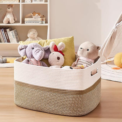 OIAHOMY Large Blanket Basket, 22”x17”x12” Rectangle Woven Baskets, Nursery Blanket Storage Living Room, Toy Storage With Handle, Large Baskets for Organizing-Yellow/White