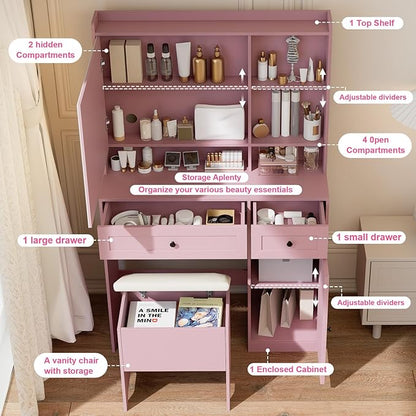 Vanity Table with Hidden Storage & LED Mirror - Includes Padded Stool, 5 Compartments, 2 Drawers & 1 Storage Cabinet - Ideal Bedroom Makeup Dressing Table Pink