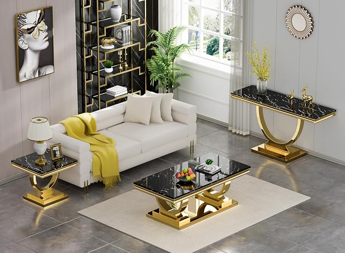 3 Piece Living Room Table Set Include 1 Faux Marble Coffee Table & 1 End Table & 1 Console Table, Modern Black Gold Coffee Table Set of 3 with Double O Shape Stainless Steel Pedestal Base