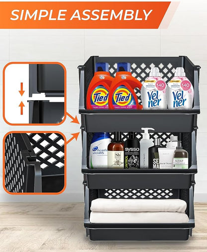XLarge Stackable Storage Bins Open Front for Pantry Storage, 3 Pack - Black | Sturdy Plastic, Easy Stacking, Open Front Access, Ventilated Sides, Vertical & Space Saving Pantry Organizers and Storage Bin