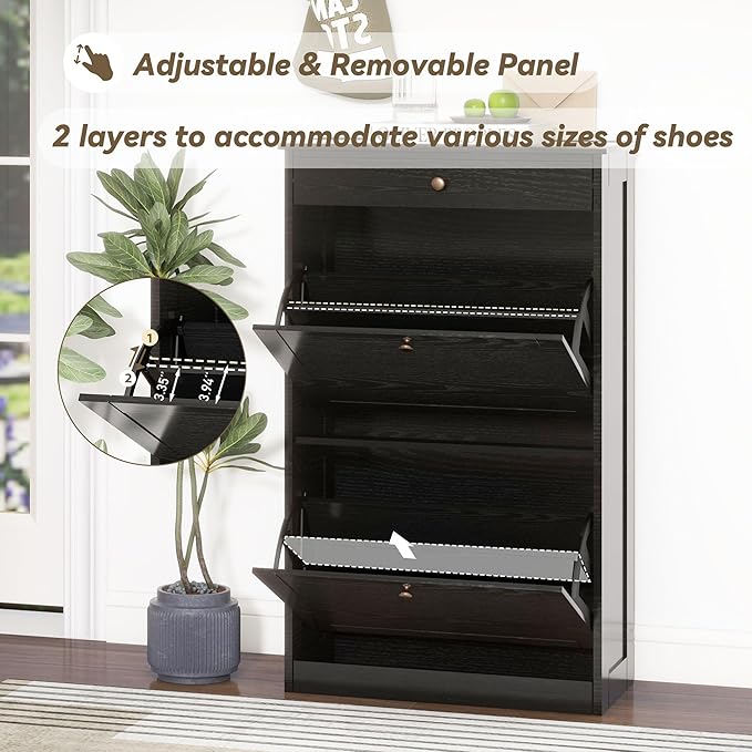 FTZxHKLX Shoe Cabinet with 2 Flip Drawers, Slim Freestanding Hidden Shoe Organizer with Drawer, Pet-Proof Shoe Storage Cabinet for Entryway Living Room Behind The Door, Black