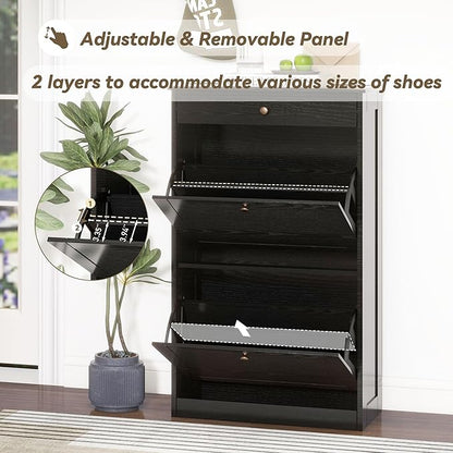 FTZxHKLX Shoe Cabinet with 2 Flip Drawers, Slim Freestanding Hidden Shoe Organizer with Drawer, Pet-Proof Shoe Storage Cabinet for Entryway Living Room Behind The Door, Black
