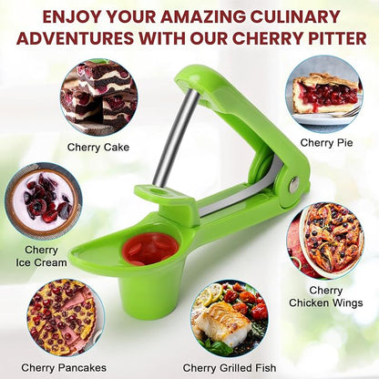 SCHVUBENR Cherry Pitter Tool - Stainless Steel Cherry Corer Pitter with Ergonomic Push Design - Easy to Use for Making Cherry Jam - Pit Cherry with Ease, Saving Time & Space with Lock Design(Green)