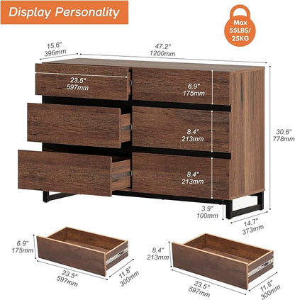 WAMPAT Dresser for Bedroom, Modern Wood Dresser with 6 Drawers, Chest of Drawers with Metal Base, Closet Organizers Storage for Living Room, Bedroom, Brown