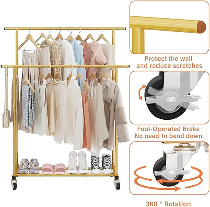Calmootey Double Rod Clothing Garment Rack,Rolling Hanging Clothes Rack,Portable Clothes Organizer for Bedroom,Living Room,Clothing Store,Gold