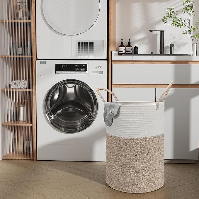 Eblog 58L Cotton Rope Laundry Basket (20"x15"), Woven Storage Basket for Laundry, Living Room, Nursery, Bedroom, Blankets (White/Brow)