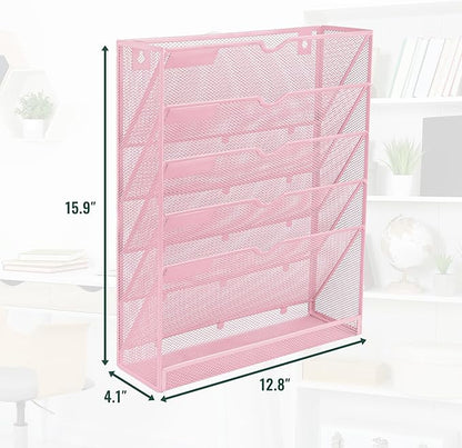 EASEPRES 6 Tier Mesh Hanging Wall File Organizer, Desk Vertical Mail Paper Document Folder Holder Rack with Bottom Tray and Nametag Label for Office Home School, Pink