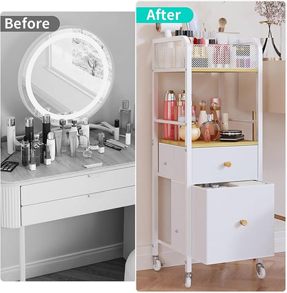 HapiRm Rolling Makeup Cart Organizer - Floor Skincare Make Up Storage with 2 Non-woven Fabric Drawers, Vanity Organizer Cosmetic Display Cases Holder for Skin Care Perfume Nail Polish Brush Hair Tool