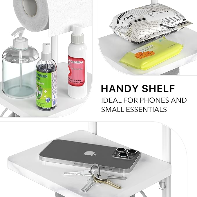 Simple Houseware English Style Bathroom Toilet Tissue Roll Holder Stand with Shelf, Marbled White