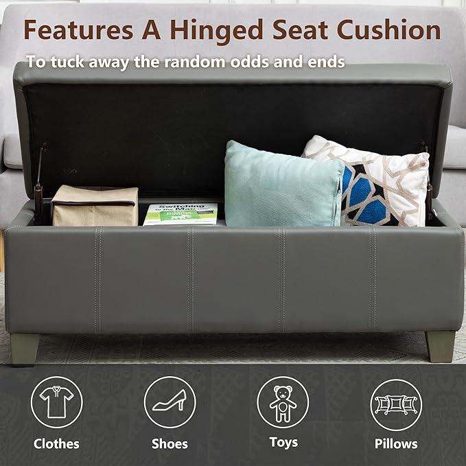 51 Inch Storage Ottoman, Storage Bench with Safety Hinge, Upholstered Synthetic Leather Ottoman Bench for Bedroom, Living Room, Entryway, Hallway, Foot Rest, Support 500lbs