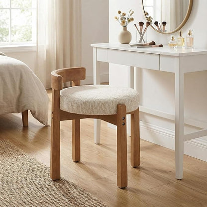 HNY Modern Chenille Vanity Stool & Ottoman Set of 2 Upholstered Round Seat with Solid Wood Legs, for Makeup Dressing, Living Room Footrest or Piano Bench, Beige