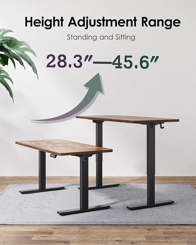TIQLAB Standing Desk 55 x 24 inch, Electric Height Adjustable with Splice Board, Stand Up Desk, Sit Stand Desk Computer Desk for Home Office, Black Frame/Rustic Brown Top