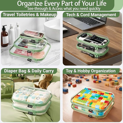 YQBRAO 6 Pack Sleek Green Clear Hard Shell Zipper Case, 1.2mm Heavy Duty Tech & Cord Organizer Pouches, Crush-Proof Electronic Storage for Travel, Tools & Diaper Bag (2L+2M+2S)
