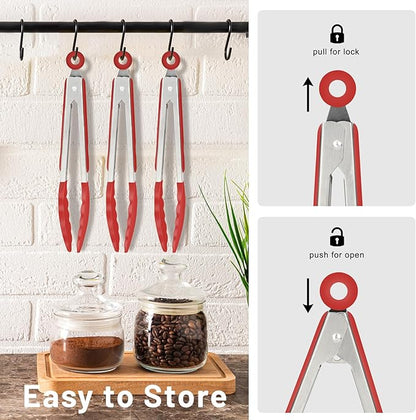 Hotec Mini Silicone Kitchen Tongs for Cooking - 7-Inch Small Serving Tongs with Silicone Tips, Set of 3 (Red)