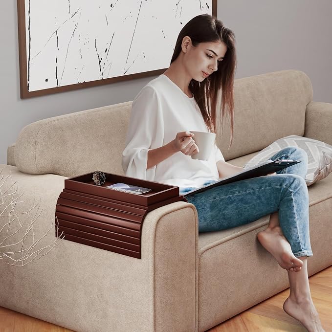 Bestjing Bamboo Sofa Armrest Tray Table for Couch - 2-in-1 Foldable Couch Arm Table with Be Slide Detachable Tray- Anti-Slip Sofa Armchair Caddy for Drinks Cellphone TV Remote Snacks(Walnut)