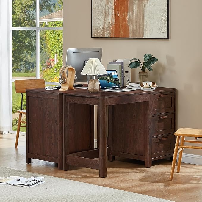 48'' Farmhouse Executive Desk with Storage, Wooden Home Office Desk with Drawer and Vintage Handle, Large Computer Writing Desk for Study, Bedroom, Living Room （Dark Walnut）