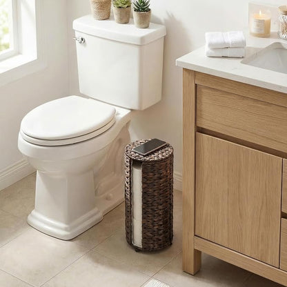 StorageWorks Free Standing Wicker Toilet Paper Holder Stand for Bathroom Storage, Decorative Water Hyacinth Toilet Paper Storage with Lid, 3 Rolls of Tissue Holder with a Built-in Cloth Lining, Brown