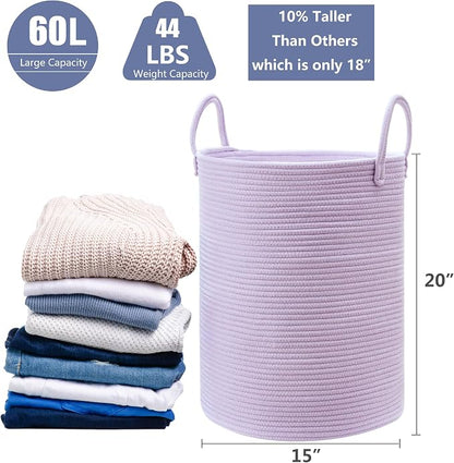 60L Large Purple Laundry Hamper Basket for Nursery Kids Tall Lavender Blanket Basket for Girls Cotton Rope Lilac Clothes Hamper in Bedroom 15Dx20H inches