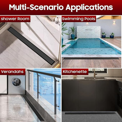 DLONE Linear Shower Drain | 60" AISI 304 Stainless Steel Linear Drain, Matte Black Shower Drain with Tile Insert Panel & Adjustable Feet, Long Rectangle Shower Floor Drain in Bathroom, Balcony, etc
