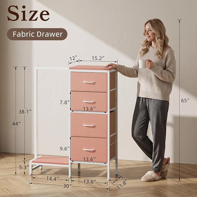 HIGDBFE Dresser with Hanging Rack, 4 Drawers Small Closet for Bedroom, Reversible Fabric Kids Chest of Drawers with Clothes Rack, Tall Storage Tower, Sturdy Frame, Pink, 44''H