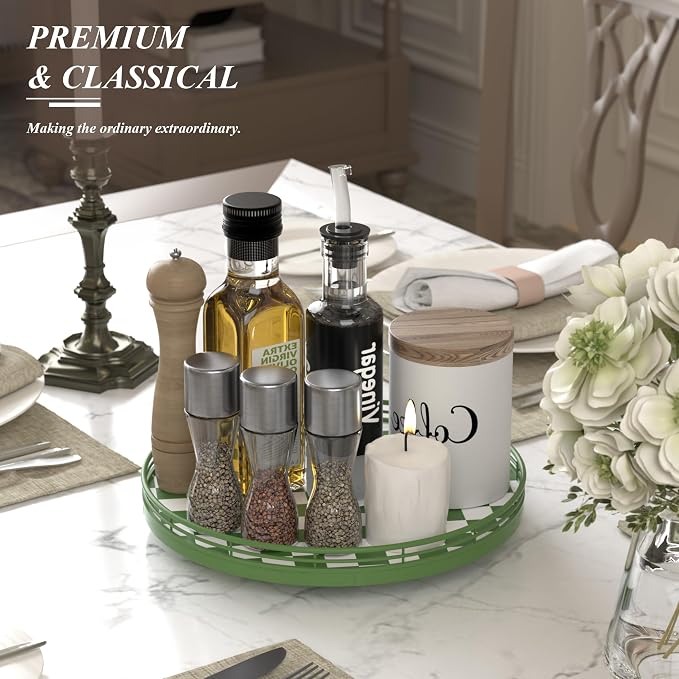 Premium Rubber Wood Lazy Susan Turntable, Green White Checkerboard Decorative Serving Tray, Hand-Welded Metal Railing, Stable Rotating Organizer for Dining Table, Kitchen Counter, Coffee Table Decor