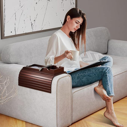 Bestjing Bamboo Couch Armrest Table, Sofa Arm Tray with Detachable Couch Cup Holder- 2 in 1 Anti-Slip Foldable Sofa Armchair Caddy Table for Drinks Cellphone TV Remote Snacks (Walnut)