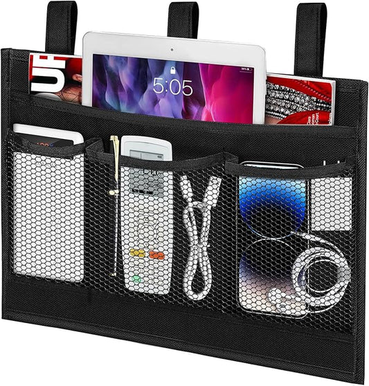 Bedside Caddy Storage Organizer, Hanging Storage Bag Pocket for Bunk/Hospital Beds,College Dorm Organizer for Remotes Phone,College Dorm,Camp,Bed Rails(4 Pockets),Black