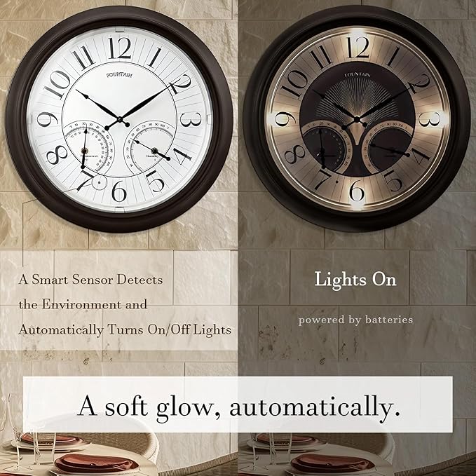 18 Inch Illuminated in/Outdoor Clock with Smart Sensor and Night Light, Waterproof, Large Wall Clock with Thermometer & Hygrometer for Patio,Pool and Garden Decor,Oil Rubbed Bronze
