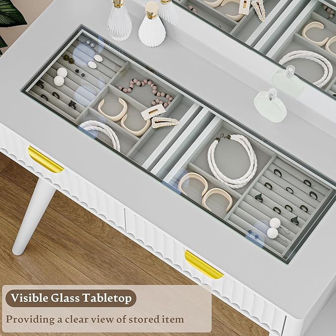 Fluted Vanity Desk with Mirror and Lights, 45" Glass Top Makeup Table Set with 5 Drawers, Power Outlet & Storage Cabinet, Large Dressing Table with RGB Ambient Light for Bedroom Women Girls, White