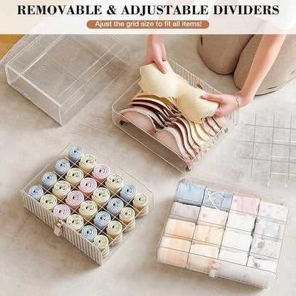 Sock Underwear Drawer Organizer - 24 Compartment Clear Acrylic Storage Bins with Removable Dividers for Closet, Stackable Dresser Drawer Box for No-Mess Socks, Tiers, Baby Clothes, Belt, Tea Bag