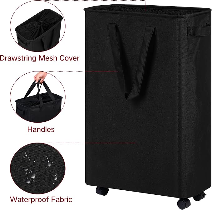 efluky Slim Laundry Hamper with Wheels, Rolling Laundry Basket for Clothes, Small Laundry Basket for Bedroom, Dorm and Laundry Room, 60L (12.7 Gallons) Black