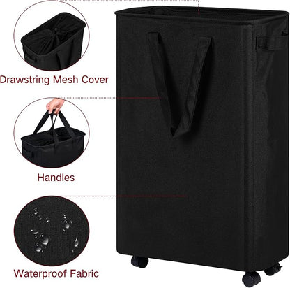 efluky Slim Laundry Hamper with Wheels, Rolling Laundry Basket for Clothes, Small Laundry Basket for Bedroom, Dorm and Laundry Room, 60L (12.7 Gallons) Black