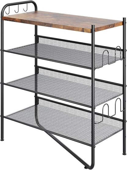 4 Tier Shoe Rack for Entryway, Metal Shoe Rack Organizer Holds 15 Pairs Shoes, Front Door Shoe Storage with Rustic Brown Wooden Top, Vertical shoe rack for Space Saving Shoe Organizer (4-Tiers)
