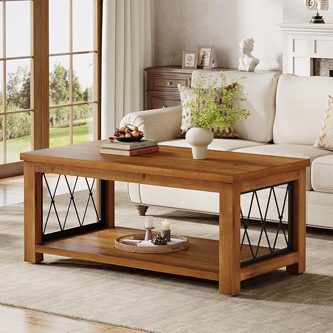 47.2" Solid Wood Coffee Table, Farmhouse Rectangular Center Table, 2-Tier Low Cocktail Tea Table, Rhomboid Metal Frame, Easy Assembly, for Living Room, Bedroom, Balcony & Office