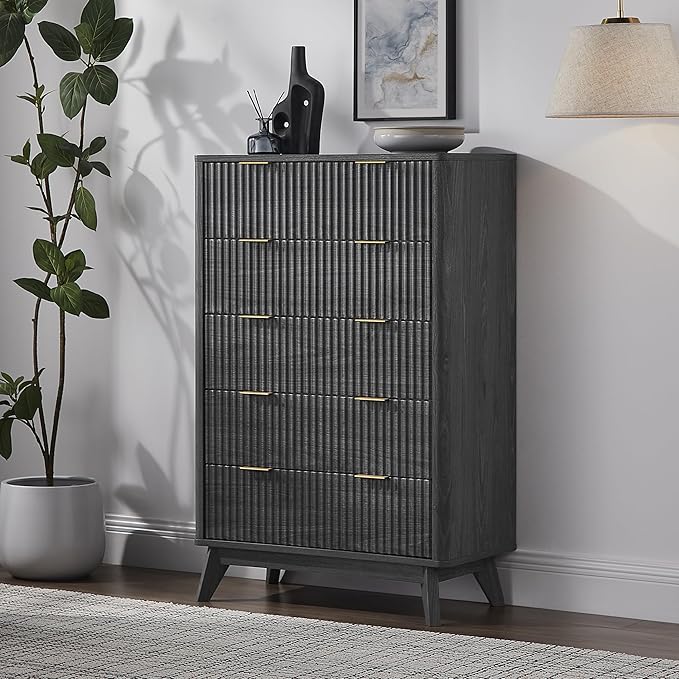 T4TREAM Fluted 5 Drawers Dresser, 48" Tall Modern Chest of Drawers, Curved Profile Design, Wood Drawer Organizer for Bedroom, Living Room, Hallway, Entryway, Dark Alder