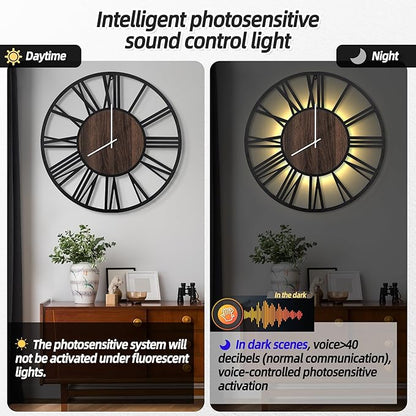 LEIKE Large Wall Clocks with Night Light Battery Operated,Silent Non Ticking,Rustic Modern Big Wood Clock for Living Room, Bedroom,Kitchen,Farmhouse,Office,Home Decor-32 Inch(Roman Numerals)