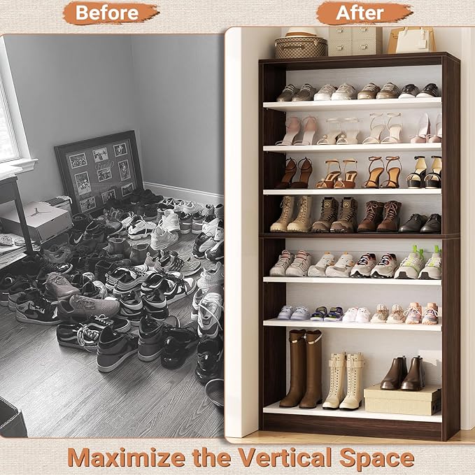 Homieasy Tall Shoe Cabinet, 9-Tier Wood Shoe Rack Organizer Cabinet for Closet, Freestanding Shoe Storage Cabinet with Adjustable Shelves for Entryway, Bedroom, Dark Walnut & White