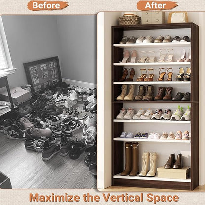 Homieasy Tall Shoe Cabinet, 9-Tier Wood Shoe Rack Organizer Cabinet for Closet, Freestanding Shoe Storage Cabinet with Adjustable Shelves for Entryway, Bedroom, Dark Walnut & White
