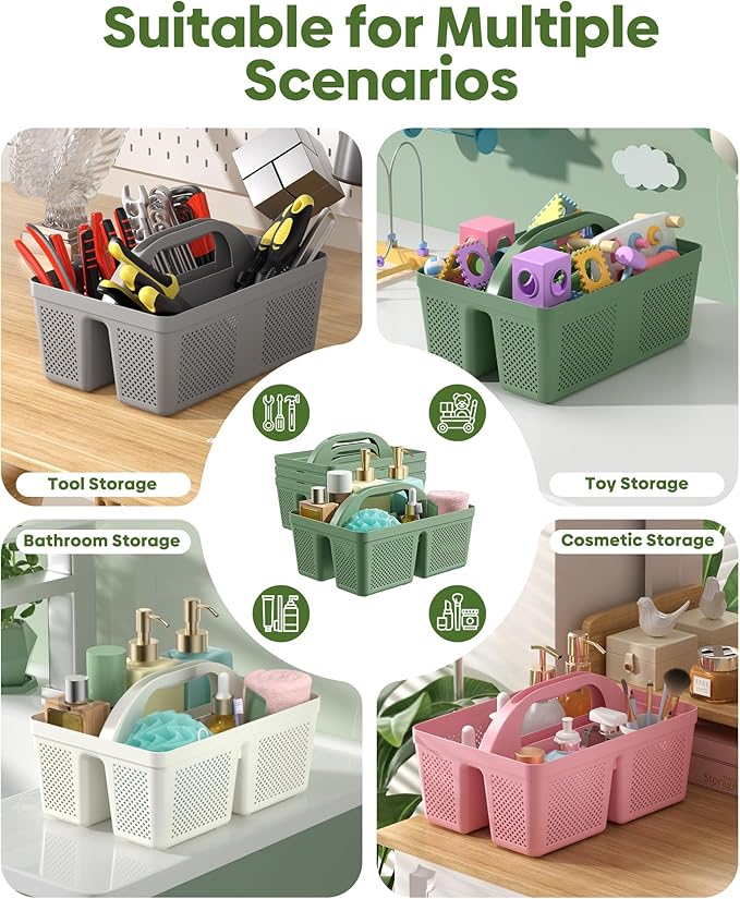 4 Pack Portable Shower Caddy, Integrated Handle, Reinforced Plastic, Quick-Dry Ventilation Holes, Multi-purpose Storage Basket for Home, Dorm and Bathroom, Kitchen, Green
