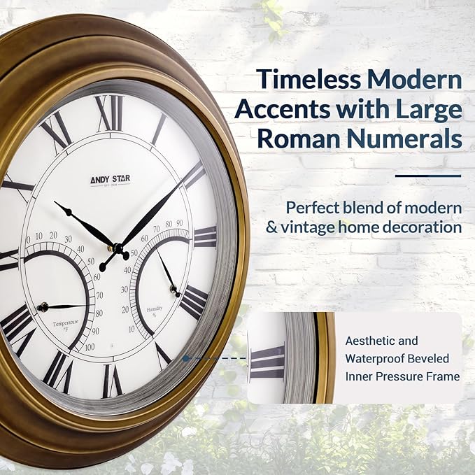 ANDY STAR 24 Inch Outdoor Clocks Waterproof,Large Outdoor Wall Clocks for Patio with Thermometer Combo, Illuminated Indodor Metal Clock Battery Operated Non Ticking, House Warming Gifts Gold Finish
