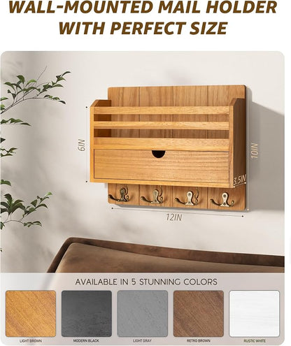 Rebee Vision Modern Farmhouse Mail Organizer with Drawer Organizer - Rustic Key and Mail Holder for Wall with 7 Key Hooks for Apartment Essentials - Aesthetic Home Decor (Light Brown)