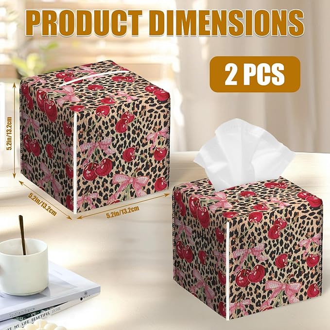 Pink Cherry Bow Tissue Box Cover 2PCS, Leopard Leather Tissue Box Holder Square Facial Paper Case Tissue Box Cube Organizer for Bathroom Bedroom Desk Office