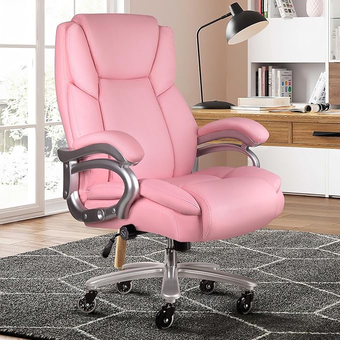 VITESSE 500lbs Heavy Duty Office Chair for Low Back Pain Relief, Big and Tall Office Chair with Ergonomic Lumbar Support, High Back Executive Chair with Quiet Rubber Wheel（Pink）